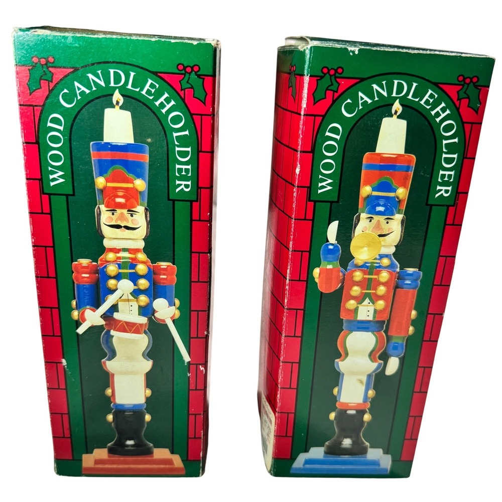 Vintage Wood Nutcracker Soldier Taper Candle Holders Pair 10in Boxed